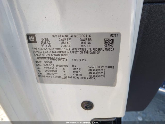44860625 :رقم المزاد ، 1GKKRSED0BJ304212 vin ، 2011 Gmc Acadia Slt-2 مزاد بيع