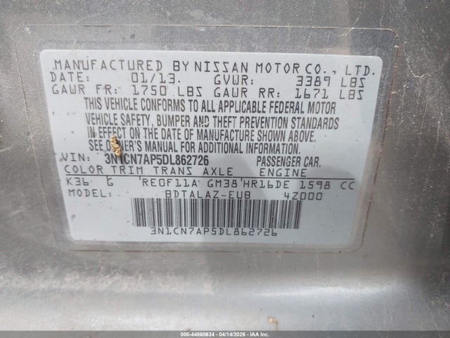 Продаж на аукціоні авто 2013 Nissan Versa 1.6 S+, vin: 3N1CN7AP5DL862726, номер лоту: 44860634