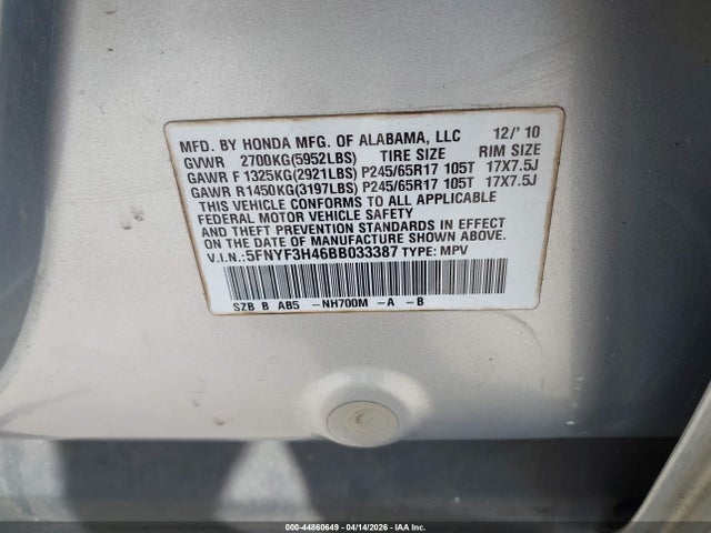 Продаж на аукціоні авто 2011 Honda Pilot Ex, vin: 5FNYF3H46BB033387, номер лоту: 44860649