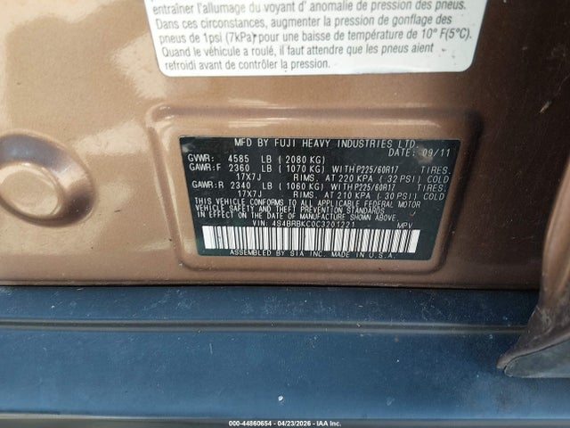 Продаж на аукціоні авто 2012 Subaru Outback 2.5i Limited, vin: 4S4BRBKC0C3201221, номер лоту: 44860654