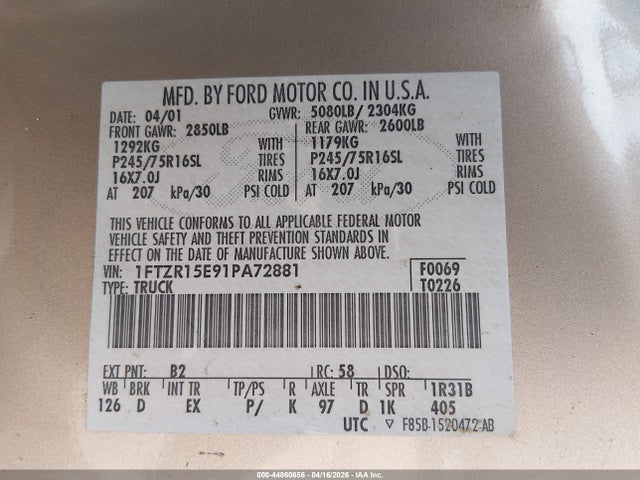 Продаж на аукціоні авто 2001 Ford Ranger Edge/xlt, vin: 1FTZR15E91PA72881, номер лоту: 44860656