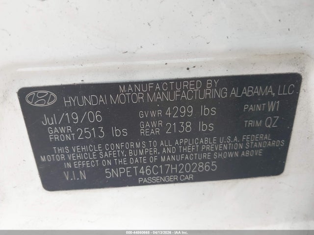 Продаж на аукціоні авто 2007 Hyundai Sonata Gls, vin: 5NPET46C17H202865, номер лоту: 44860668
