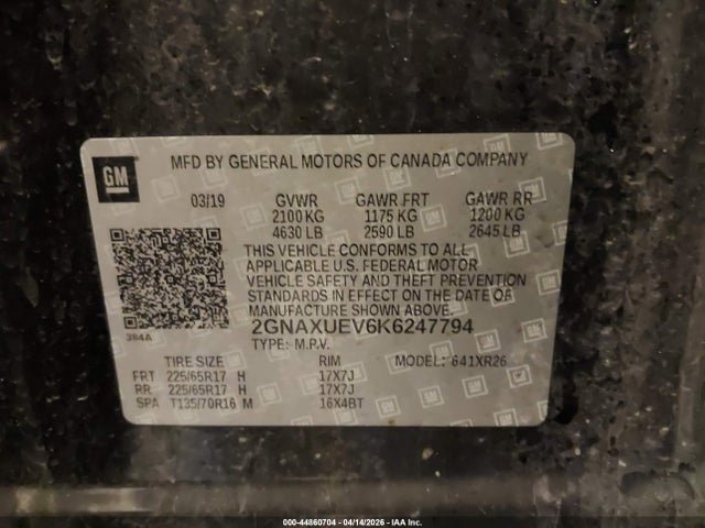 Aukcja sprzedaży 2019 Chevrolet Equinox Lt, vin: 2GNAXUEV6K6247794, numer aukcji: 44860704