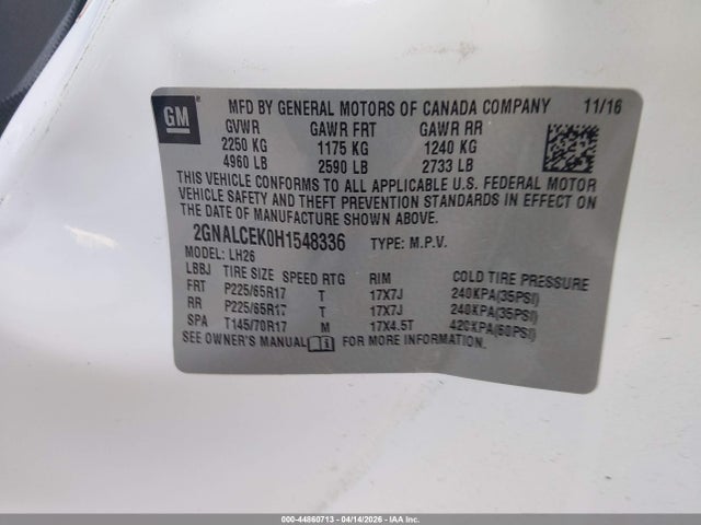 44860713 :رقم المزاد ، 2GNALCEK0H1548336 vin ، 2017 Chevrolet Equinox Lt مزاد بيع