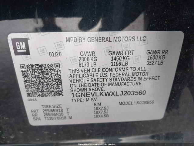 Продаж на аукціоні авто 2020 Chevrolet Traverse Awd 1fl, vin: 1GNEVLKWXLJ203560, номер лоту: 44860715