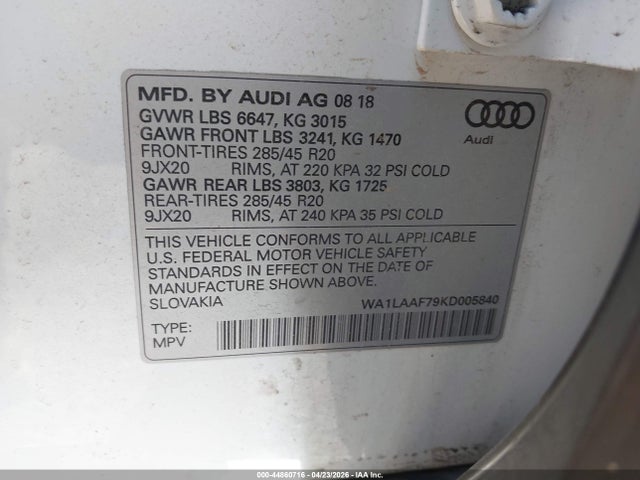 Продаж на аукціоні авто 2019 Audi Q7 55 Premium/55 Se Premium, vin: WA1LAAF79KD005840, номер лоту: 44860716