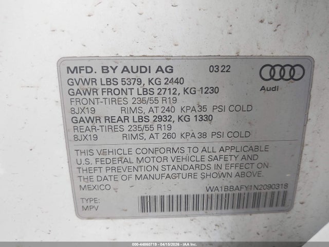 Aukcja sprzedaży 2022 Audi Q5 Premium Plus 40 Tfsi Quattro S Tronic, vin: WA1BBAFY1N2090318, numer aukcji: 44860719