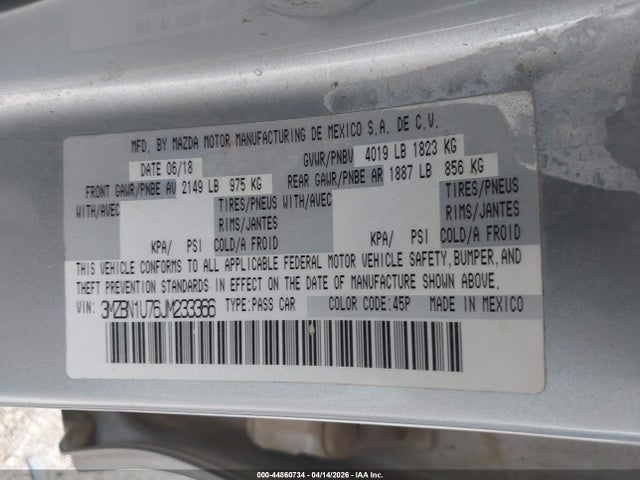 Продаж на аукціоні авто 2018 Mazda Mazda3 Sport, vin: 3MZBN1U76JM233366, номер лоту: 44860734