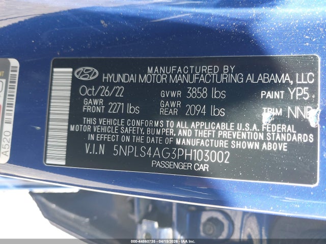 Auction sale of the 2023 Hyundai Elantra Sel, vin: 5NPLS4AG3PH103002, lot number: 44860735
