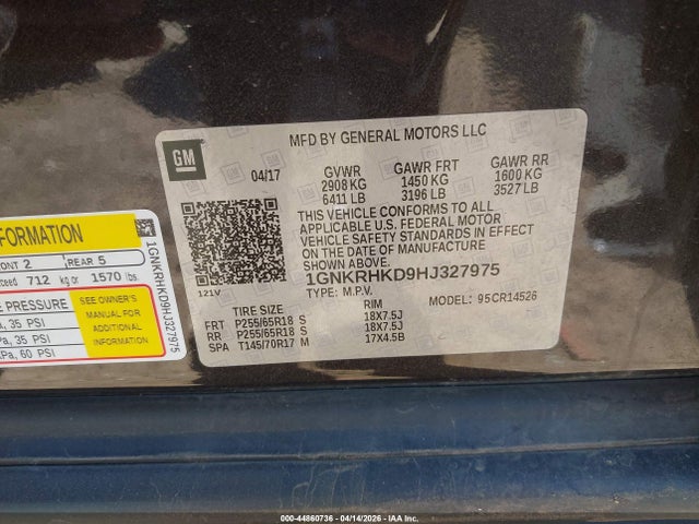 Aukcja sprzedaży 2017 Chevrolet Traverse 2lt, vin: 1GNKRHKD9HJ327975, numer aukcji: 44860736