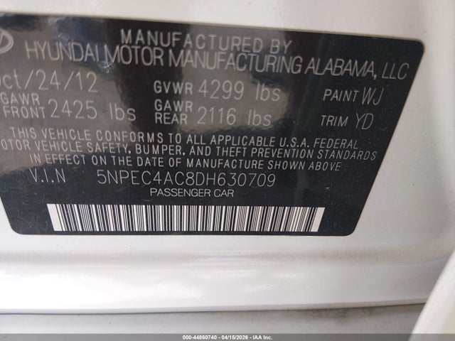 Aukcja sprzedaży 2013 Hyundai Sonata Limited, vin: 5NPEC4AC8DH630709, numer aukcji: 44860740