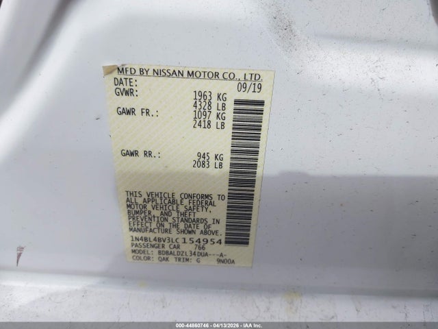 Продаж на аукціоні авто 2020 Nissan Altima S Fwd, vin: 1N4BL4BV3LC154954, номер лоту: 44860746