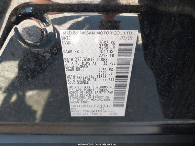 Aukcja sprzedaży 2019 Nissan Rogue Sv, vin: 5N1AT2MT1KC773312, numer aukcji: 44860750