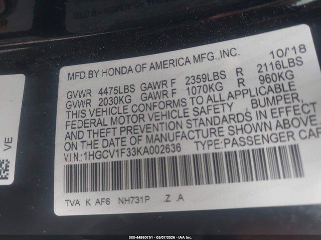 2019 Honda Accord Sport მანქანა იყიდება აუქციონზე, vin: 1HGCV1F33KA002636, აუქციონის ნომერი: 44860751