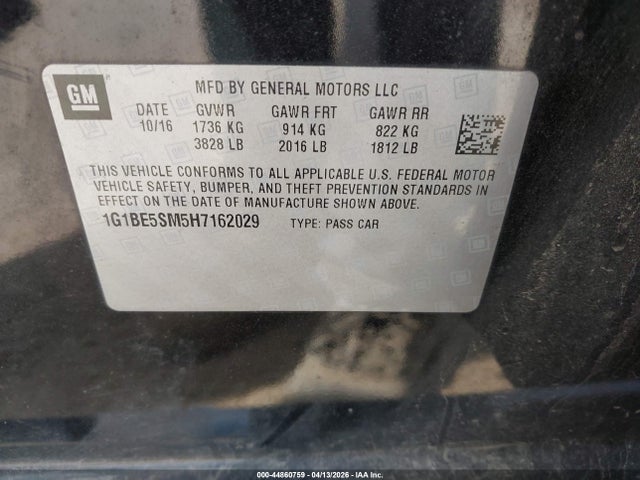 Продажа на аукционе авто 2017 Chevrolet Cruze Lt Auto, vin: 1G1BE5SM5H7162029, номер лота: 44860759