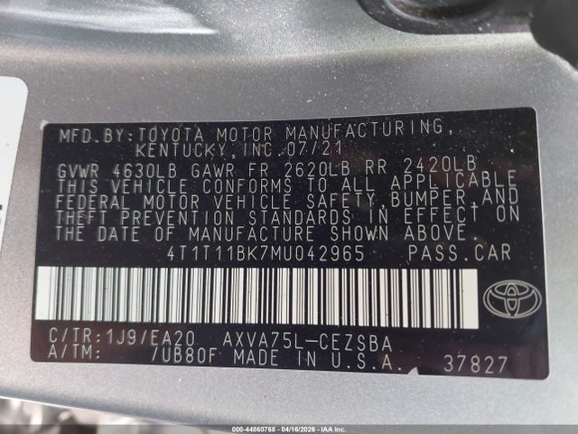 44860768 :رقم المزاد ، 4T1T11BK7MU042965 vin ، 2021 Toyota Camry Se Awd مزاد بيع