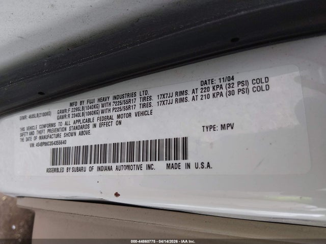 Aukcja sprzedaży 2005 Subaru Outback 3.0r L.l. Bean Edition, vin: 4S4BP86C054355640, numer aukcji: 44860775