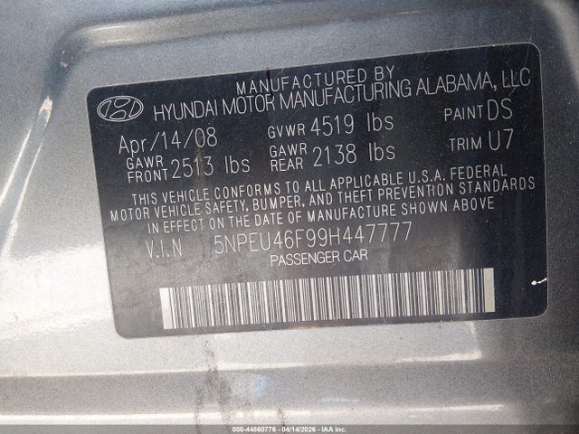 2009 Hyundai Sonata Se V6 მანქანა იყიდება აუქციონზე, vin: 5NPEU46F99H447777, აუქციონის ნომერი: 44860776
