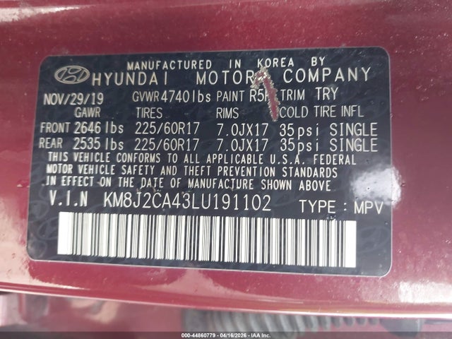 2020 Hyundai Tucson Se მანქანა იყიდება აუქციონზე, vin: KM8J2CA43LU191102, აუქციონის ნომერი: 44860779