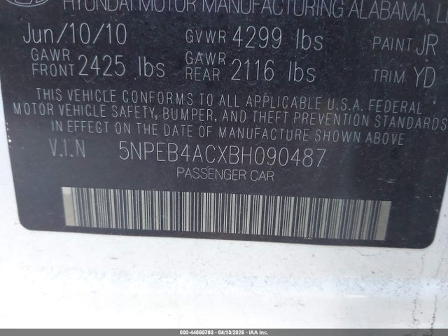 Aukcja sprzedaży 2011 Hyundai Sonata Gls, vin: 5NPEB4ACXBH090487, numer aukcji: 44860793