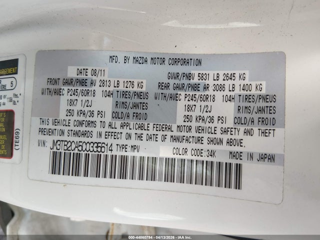 Aukcja sprzedaży 2012 Mazda Cx-9 Touring, vin: JM3TB2CA5C0335614, numer aukcji: 44860794
