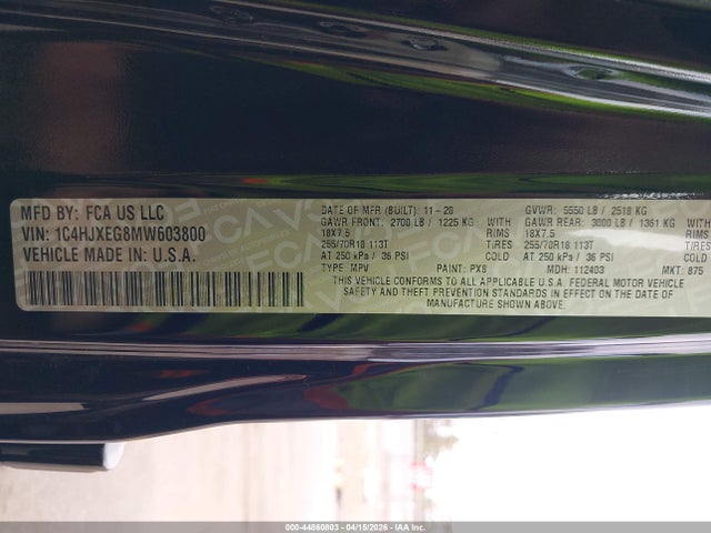 44860803 :رقم المزاد ، 1C4HJXEG8MW603800 vin ، 2021 Jeep Wrangler Unlimited Sahara 4x4 مزاد بيع