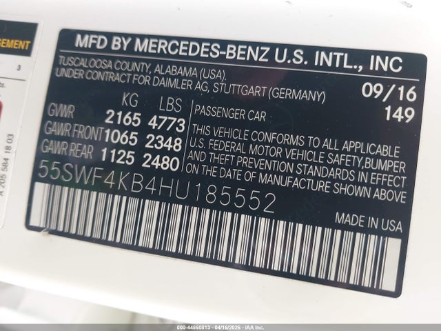 2017 Mercedes-benz C 300 4matic მანქანა იყიდება აუქციონზე, vin: 55SWF4KB4HU185552, აუქციონის ნომერი: 44860813