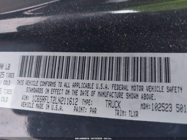Продажа на аукционе авто 2020 Ram 1500 Rebel  4x4 5'7 Box, vin: 1C6SRFLT2LN211612, номер лота: 44860816