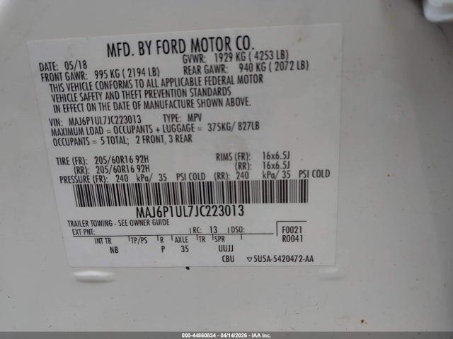 Продаж на аукціоні авто 2018 Ford Ecosport Se, vin: MAJ6P1UL7JC223013, номер лоту: 44860834