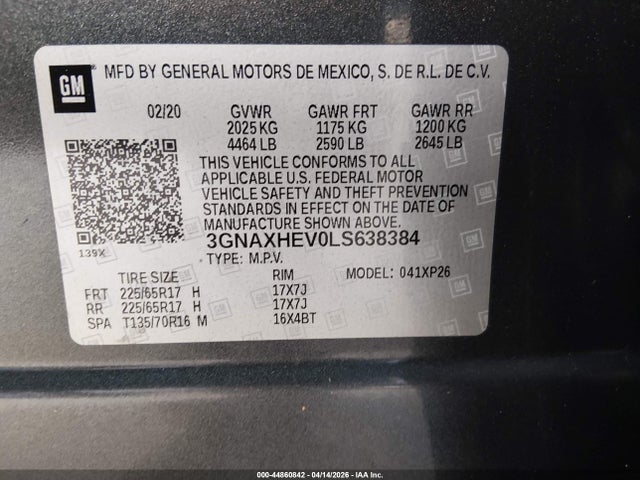 Aukcja sprzedaży 2020 Chevrolet Equinox Fwd Ls, vin: 3GNAXHEV0LS638384, numer aukcji: 44860842
