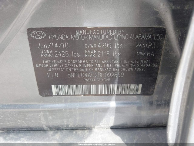 44860846 :رقم المزاد ، 5NPEC4AC2BH092859 vin ، 2011 Hyundai Sonata Se مزاد بيع