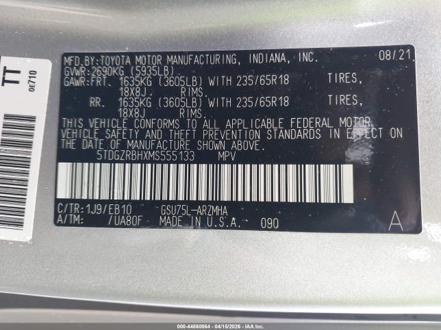 Aukcja sprzedaży 2021 Toyota Highlander Xle, vin: 5TDGZRBHXMS555133, numer aukcji: 44860864