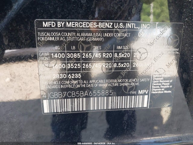 Продажа на аукционе авто 2011 Mercedes-benz Ml 550 4matic, vin: 4JGBB7CB5BA655885, номер лота: 44860865