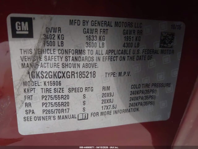 44860871 :رقم المزاد ، 1GKS2GKCXGR185218 vin ، 2016 Gmc Yukon Xl Slt مزاد بيع
