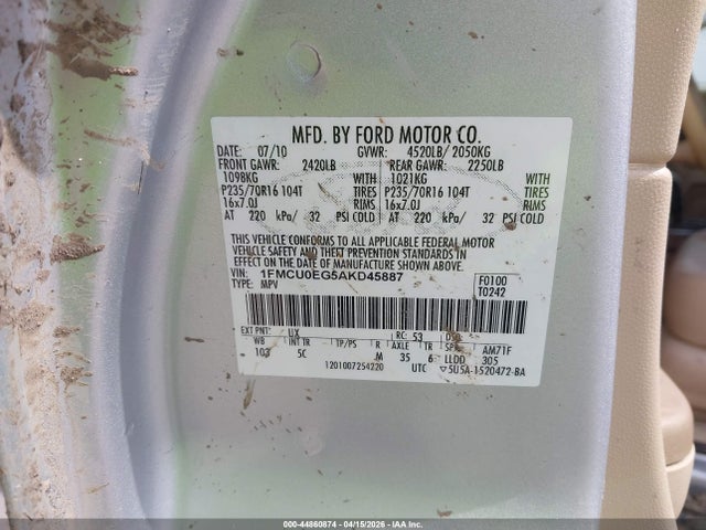 44860874 :رقم المزاد ، 1FMCU0EG5AKD45887 vin ، 2010 Ford Escape Limited مزاد بيع