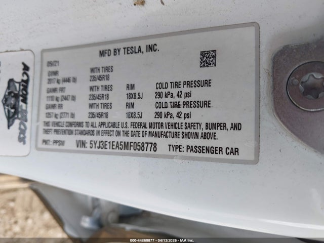 Продаж на аукціоні авто 2021 Tesla Model 3 Standard Range Plus Rear-wheel Drive, vin: 5YJ3E1EA5MF058778, номер лоту: 44860877