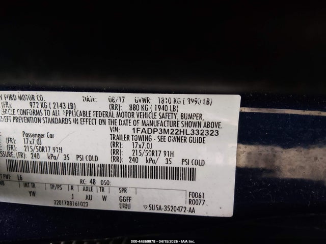 2017 Ford Focus Sel მანქანა იყიდება აუქციონზე, vin: 1FADP3M22HL332323, აუქციონის ნომერი: 44860878