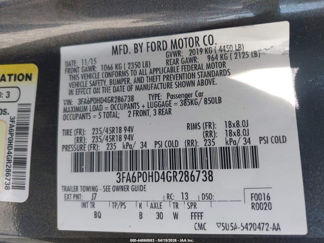 Ford FUSION SE 2016 3FA6P0HD4GR286738 Image 9
