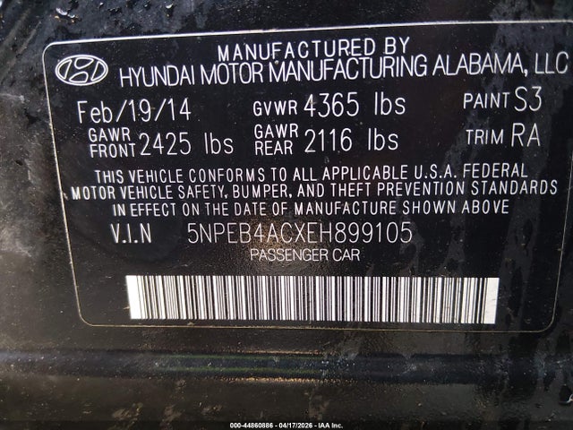 44860886 :رقم المزاد ، 5NPEB4ACXEH899105 vin ، 2014 Hyundai Sonata Gls مزاد بيع