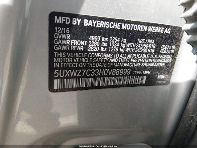 Продаж на аукціоні авто 2017 Bmw X3 Sdrive28i, vin: 5UXWZ7C33H0V88999, номер лоту: 44860896