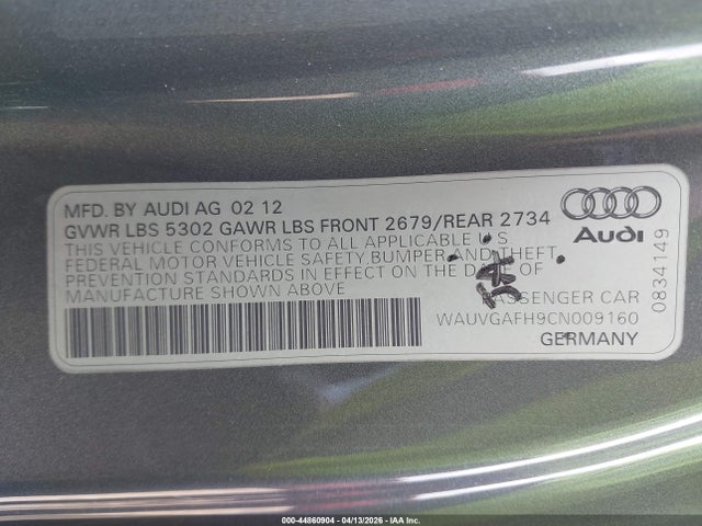 2012 Audi S5 3.0 Premium Plus მანქანა იყიდება აუქციონზე, vin: WAUVGAFH9CN009160, აუქციონის ნომერი: 44860904