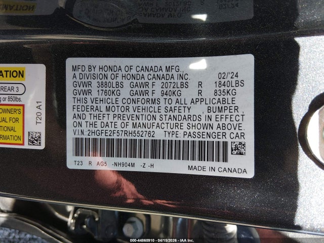 44860910 :رقم المزاد ، 2HGFE2F57RH552762 vin ، 2024 Honda Civic Sport مزاد بيع