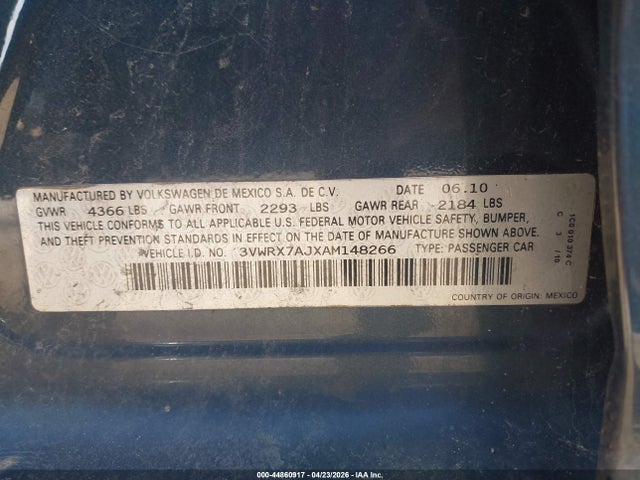 44860917 :رقم المزاد ، 3VWRX7AJXAM148266 vin ، 2010 Volkswagen Jetta Limited Edition مزاد بيع