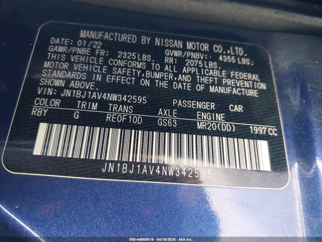 Aukcja sprzedaży 2022 Nissan Rogue Sport S Fwd Xtronic Cvt, vin: JN1BJ1AV4NW342595, numer aukcji: 44860919