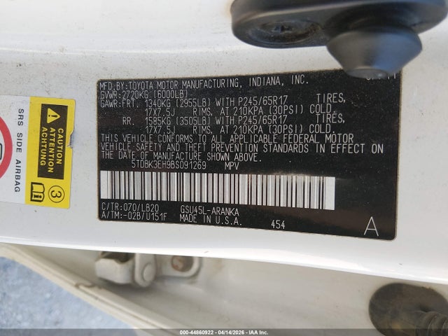 2011 Toyota Highlander Se V6 მანქანა იყიდება აუქციონზე, vin: 5TDBK3EH9BS091269, აუქციონის ნომერი: 44860922