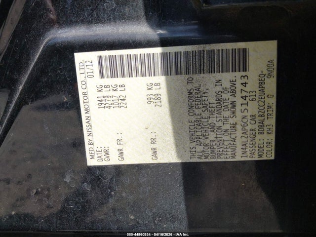 Aukcja sprzedaży 2012 Nissan Altima 2.5 S, vin: 1N4AL2AP6CN514743, numer aukcji: 44860934