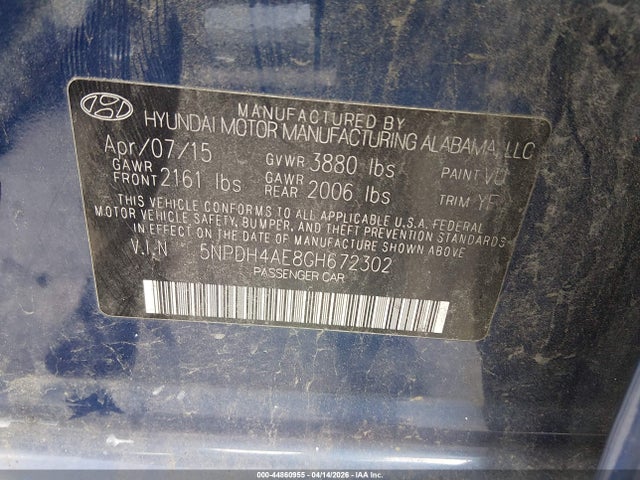 44860955 :رقم المزاد ، 5NPDH4AE8GH672302 vin ، 2016 Hyundai Elantra Value Edition مزاد بيع