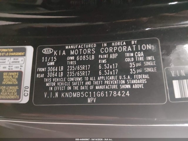 Aukcja sprzedaży 2016 Kia Sedona Lx, vin: KNDMB5C11G6178424, numer aukcji: 44860967