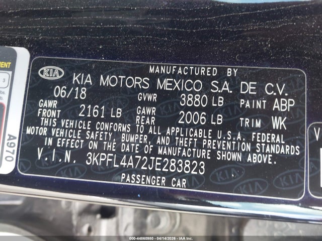 Продажа на аукционе авто 2018 Kia Forte S, vin: 3KPFL4A72JE283823, номер лота: 44860980