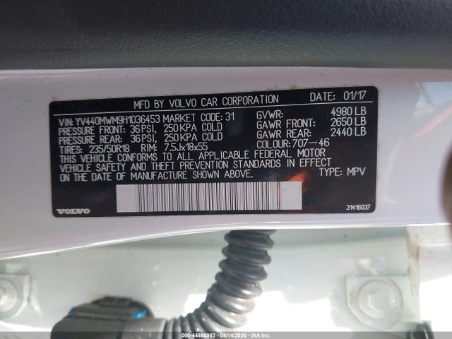 44860982 :رقم المزاد ، YV440MWM9H1036453 vin ، 2017 Volvo V60 Cross Country T5 Platinum مزاد بيع
